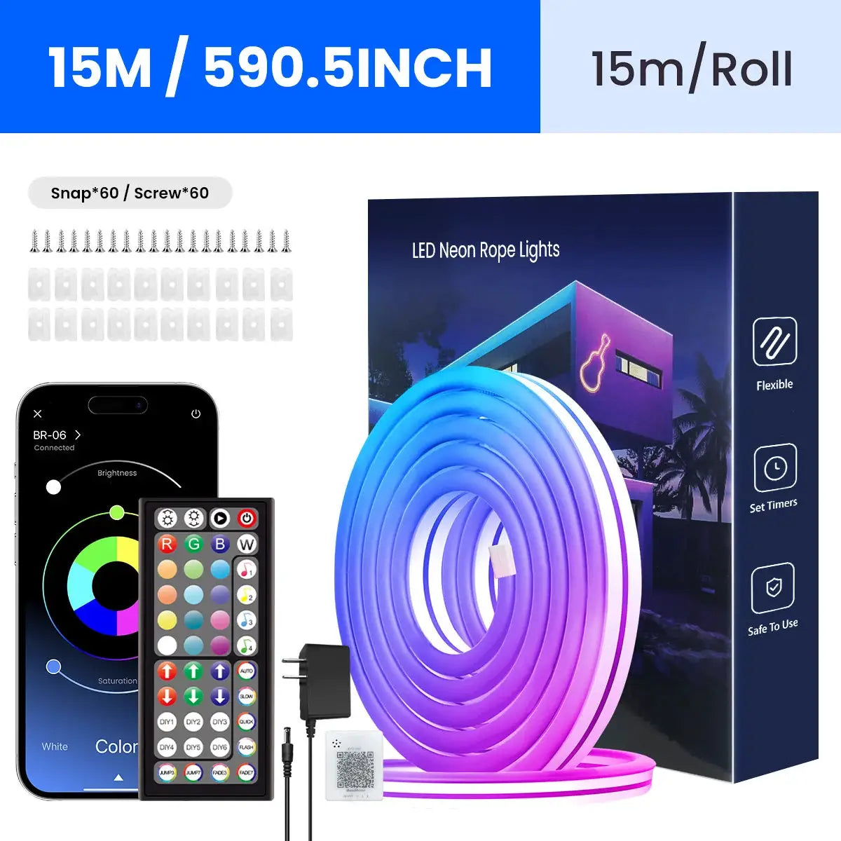 Simples Market LED Neon Rope Lights, RGB color-changing LED strip, 15m reel with remote and app control