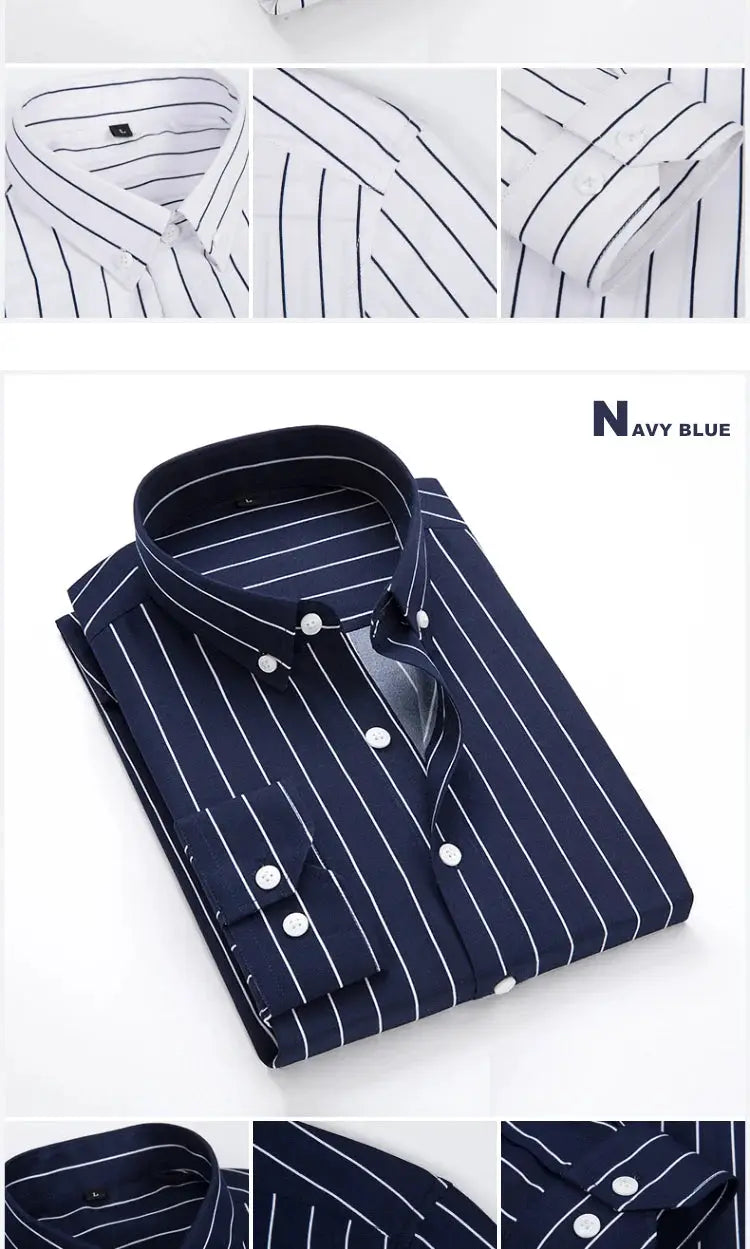 Men's striped shirts set: white with navy stripes and navy blue with white stripes, long sleeves, slim fit.