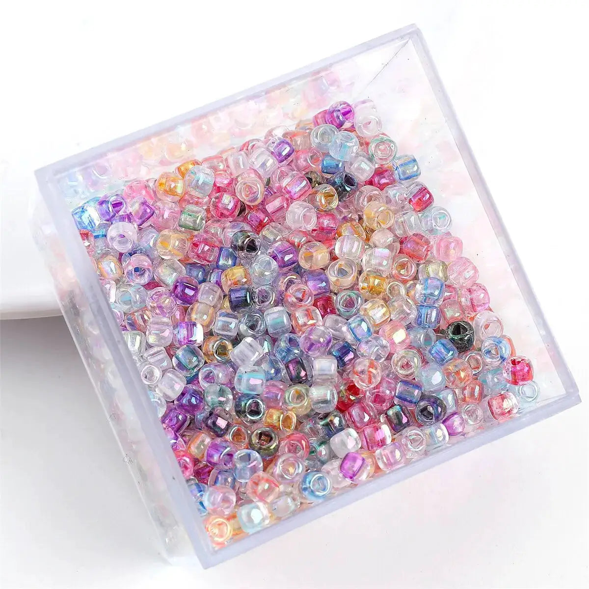840-piece set of 4mm triangle glass seed beads with dyed-core fantasy iridescent pastel colors
