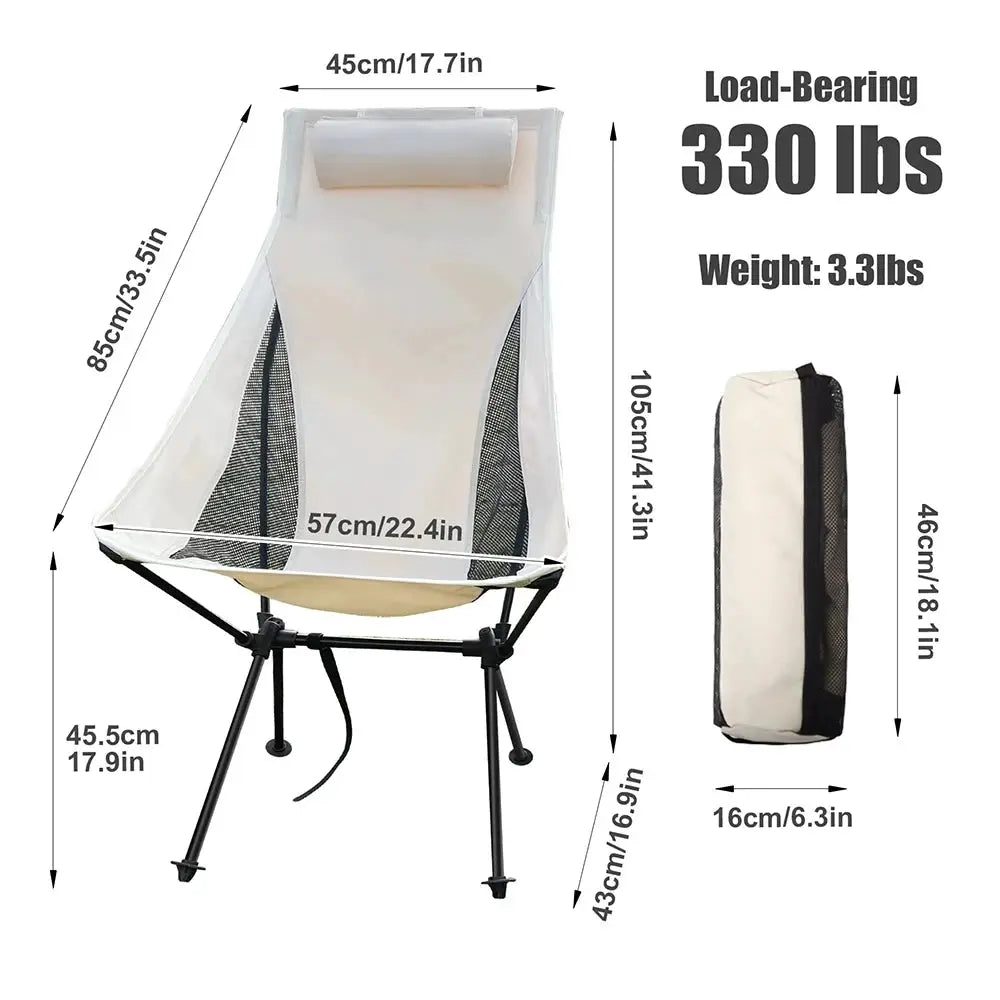 WESTTUNE portable folding camping chair with headrest; cream fabric, aluminum alloy frame, includes carry bag