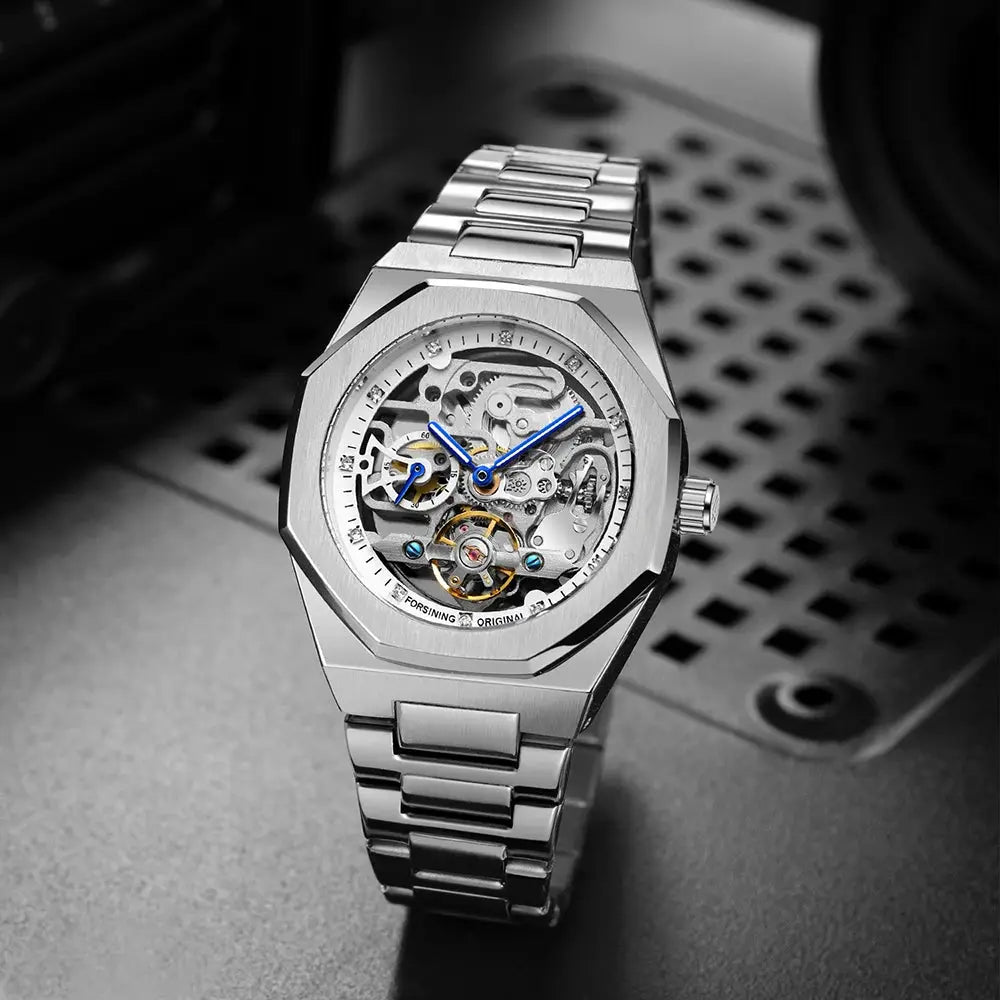 Forsining skeleton automatic men's watch with stainless steel bracelet and blue luminous hands