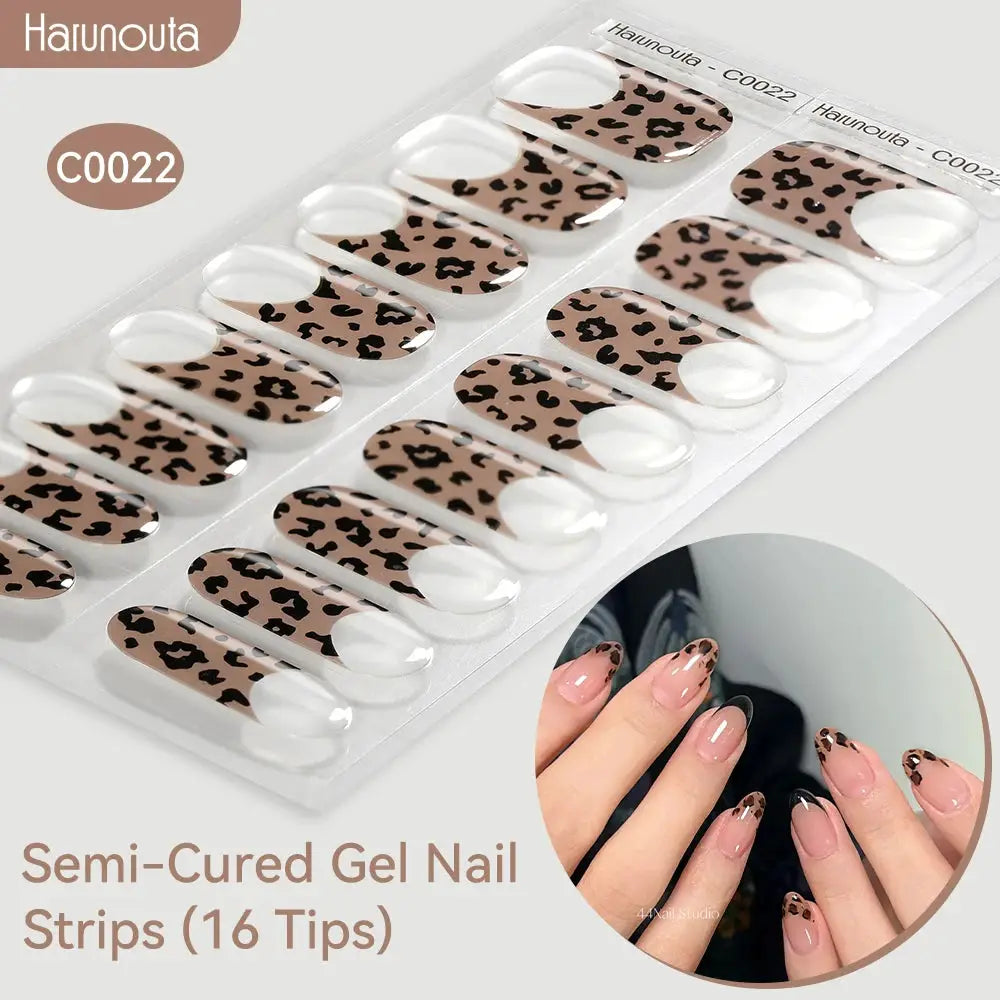 Semi-cured gel nail strips with leopard print and white tips by Haunouta, 16 tips