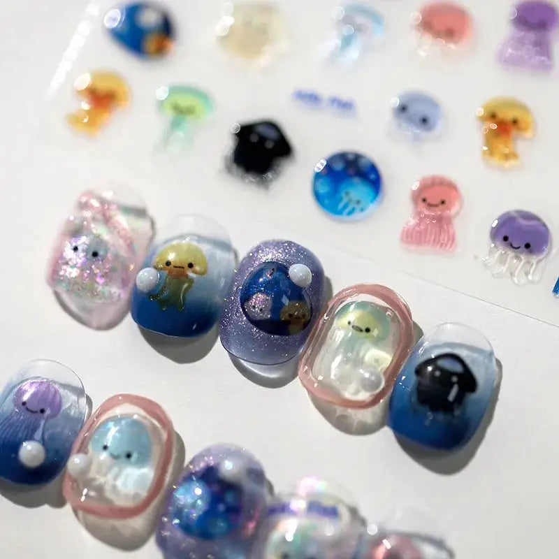Jellyfish nail art stickers set, 5D kawaii self-adhesive decals in colorful designs for DIY manicure