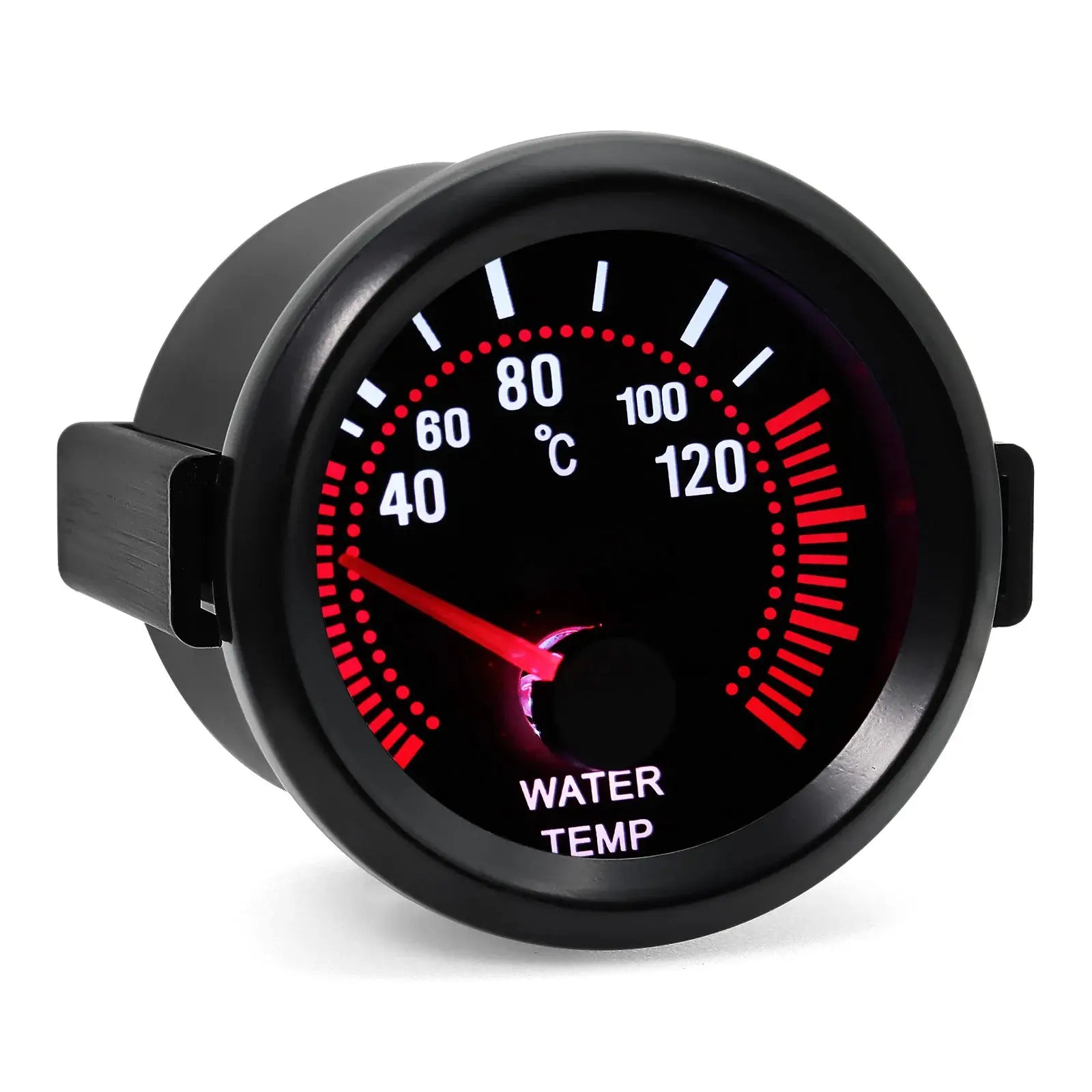 Simples Market 2-inch water temperature gauge, black housing with red illuminated dial.