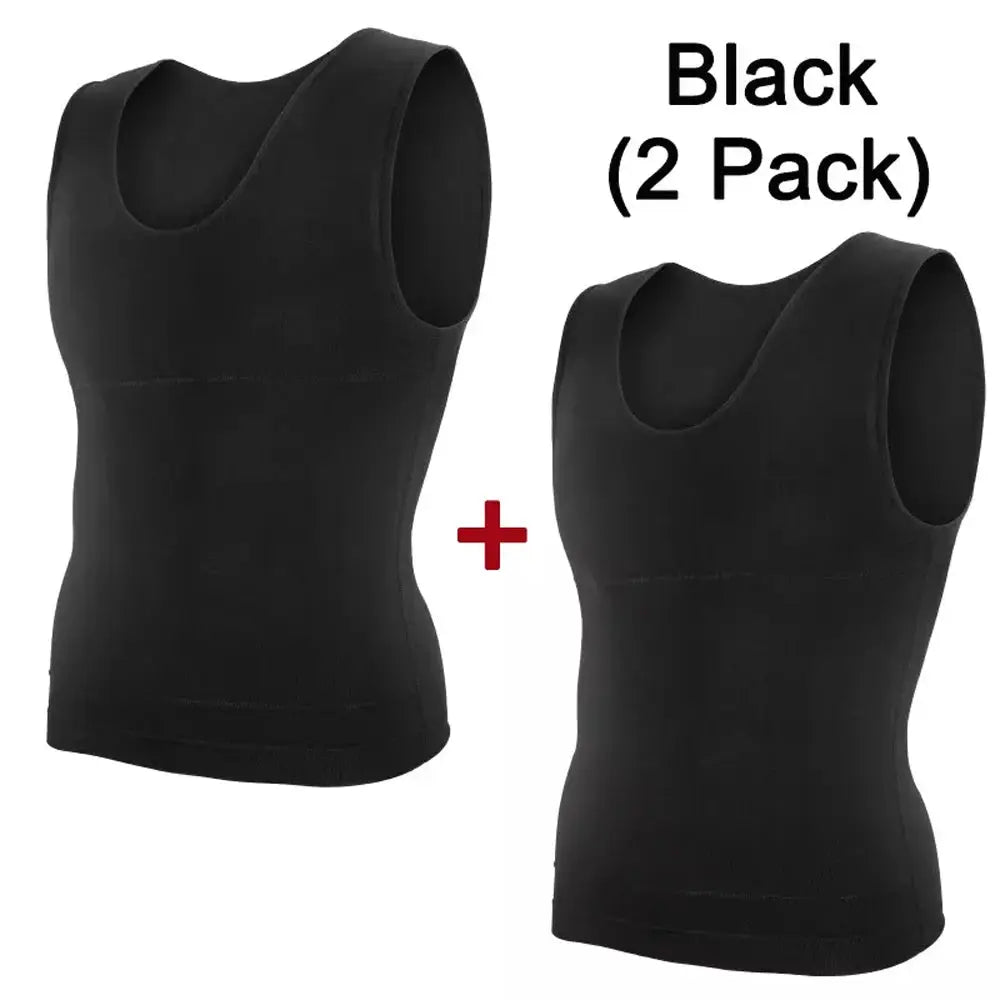Men's slimming compression tank tops, 2-pack, black, high tummy control, round neck, Simples Market