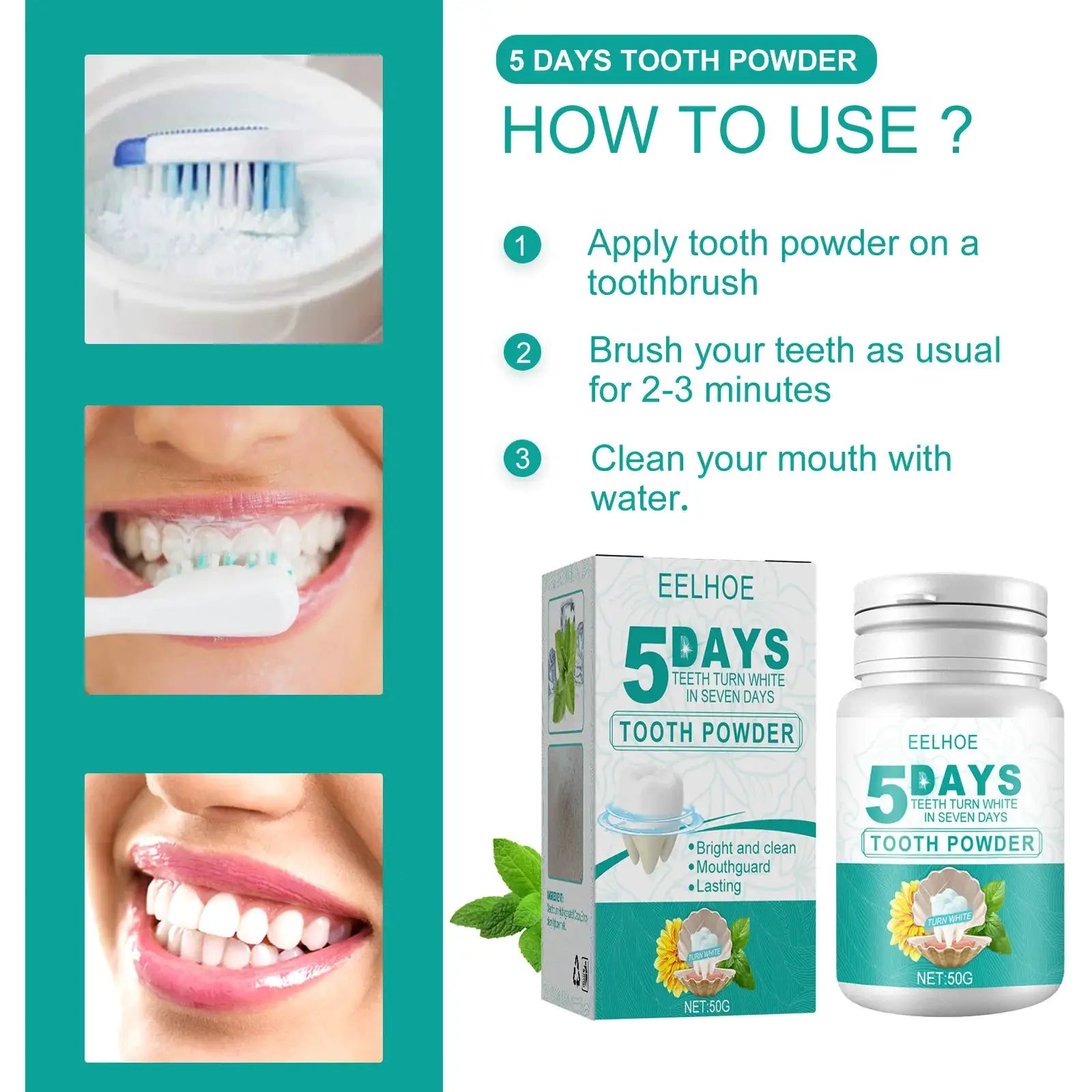 EELHOE 5 Days Teeth Powder by Simples Market; teal box and bottle packaging (2 items)