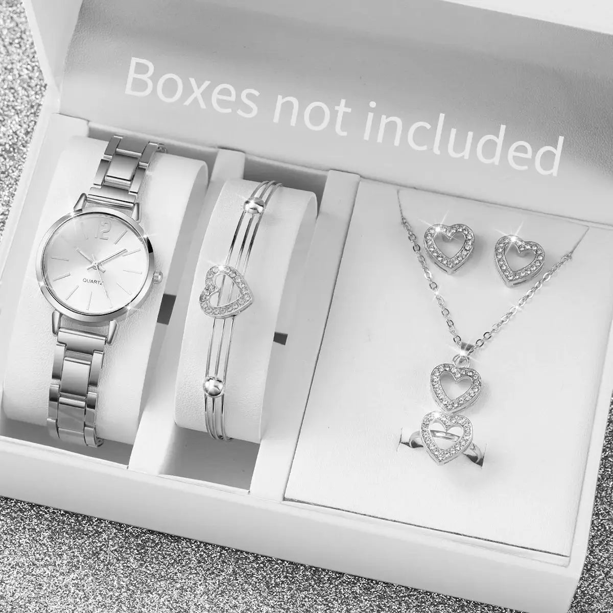 Simples Market 6-piece women's jewelry set: stainless steel quartz watch, bracelet, necklace, earrings, and ring.