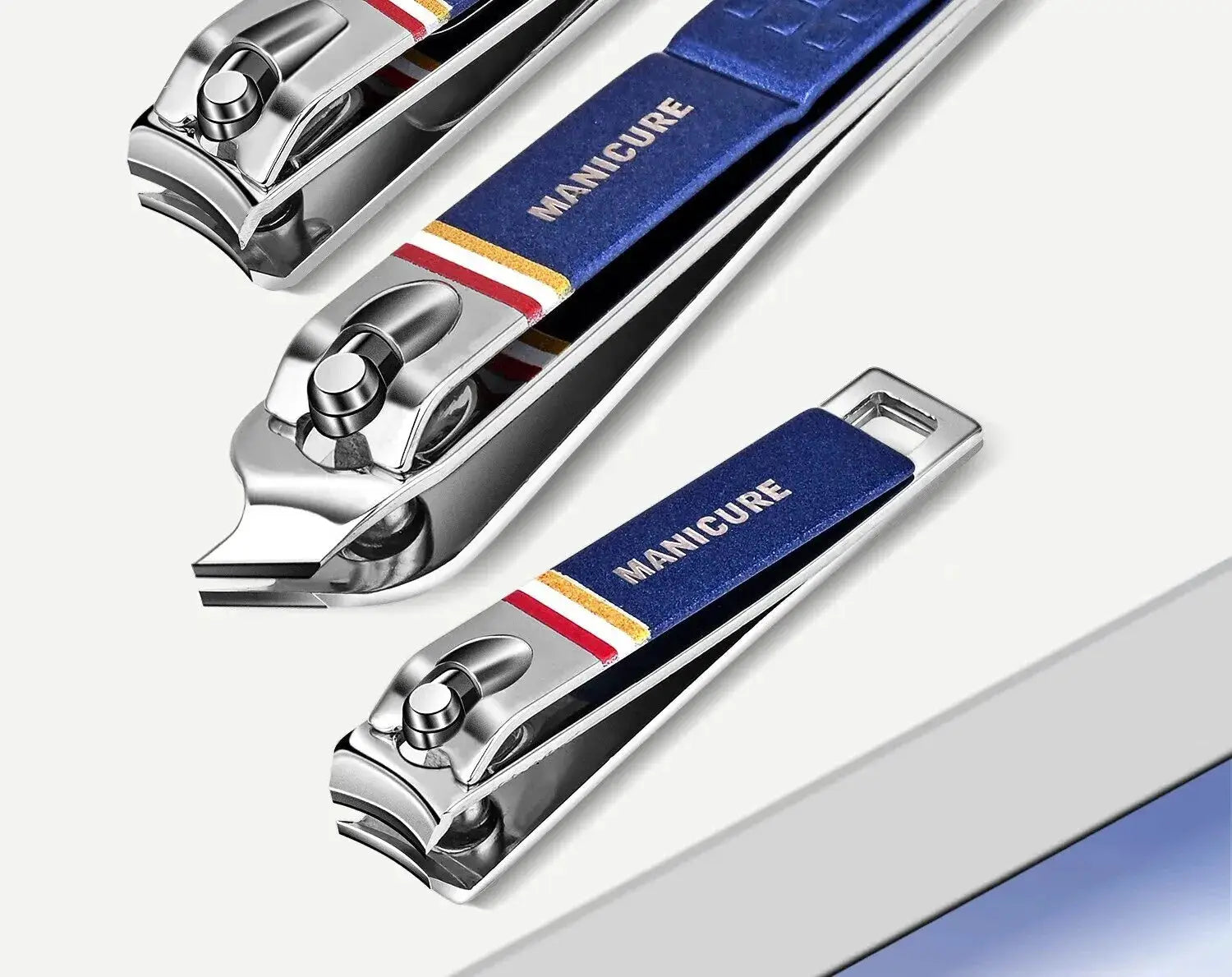 Nail clipper set in stainless steel with folding bag and blue strap labeled MANICURE