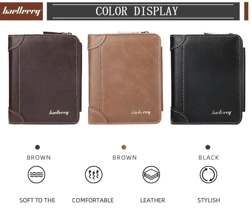 Baellerry short men's wallets 3-pack; RFID-blocking PU leather in brown, tan, and black with embossed logo