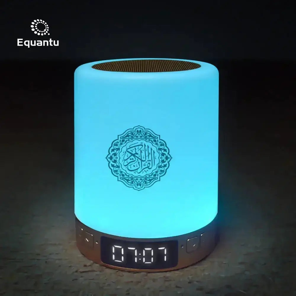 Portable multifunctional sound machine with blue LED night light, Bluetooth speaker, and digital clock base.