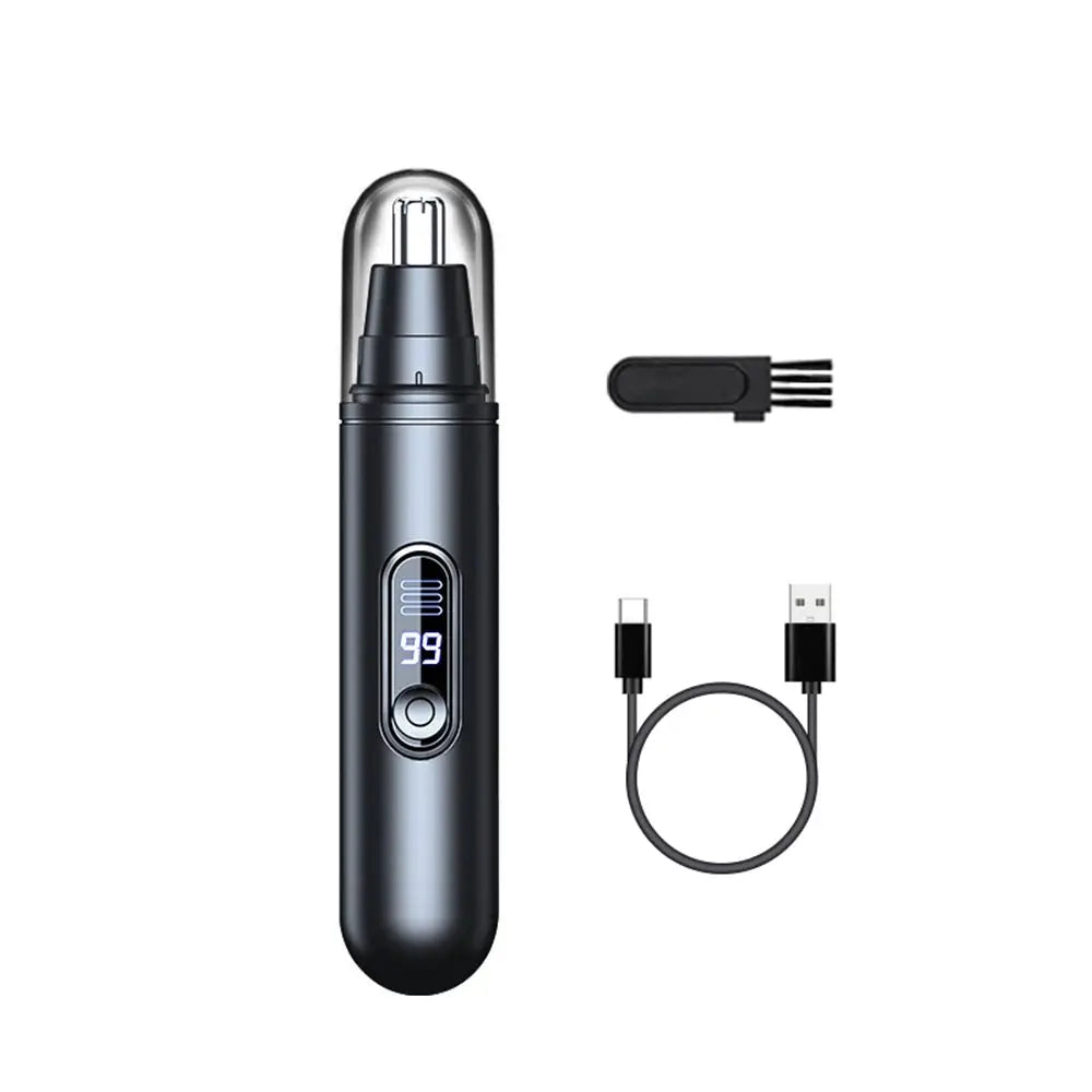 Black USB-rechargeable nose hair trimmer with digital display; charging cable and cleaning brush included