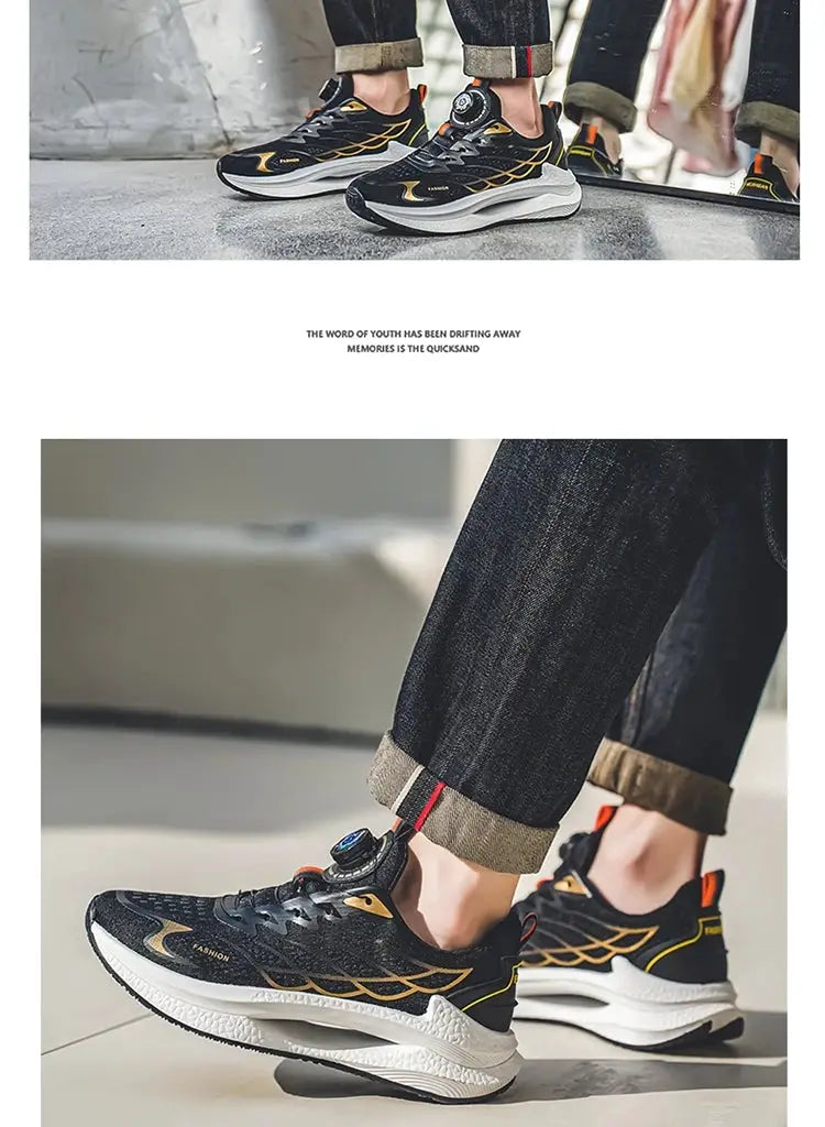 Men's breathable casual sports shoes with black mesh upper, yellow accents, and rotating buckle closure