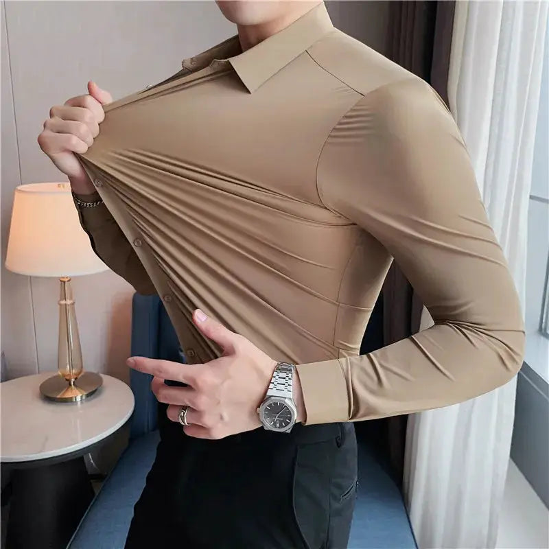 Plus Size 4XL-M seamless high-elasticity men's long-sleeve shirt in beige