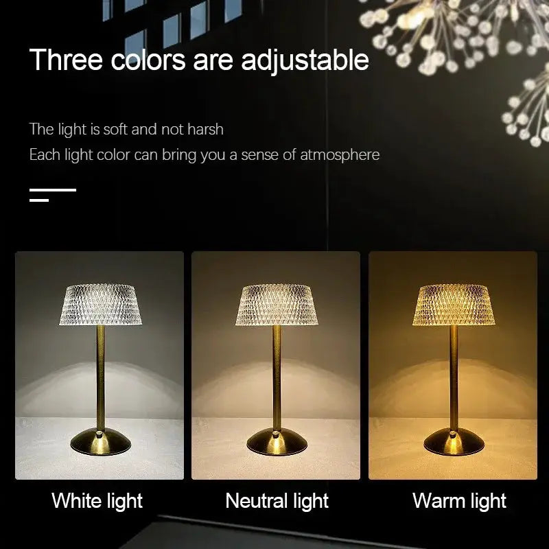 Rechargeable LED night light with glass shade and brass stand; three lamps show white, neutral and warm light