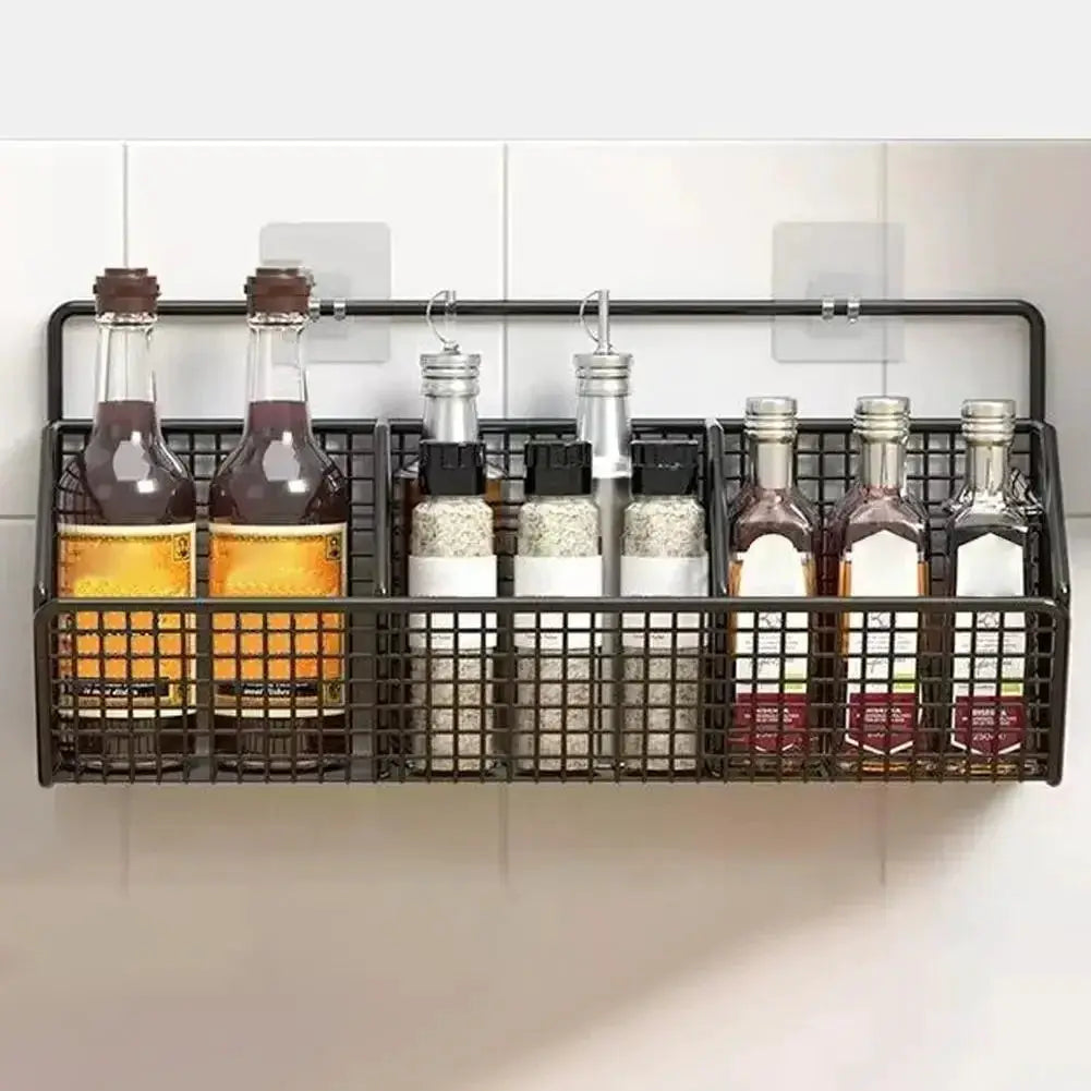 Wall mounted kitchen storage basket, black metal wire rack for spices and bottles.