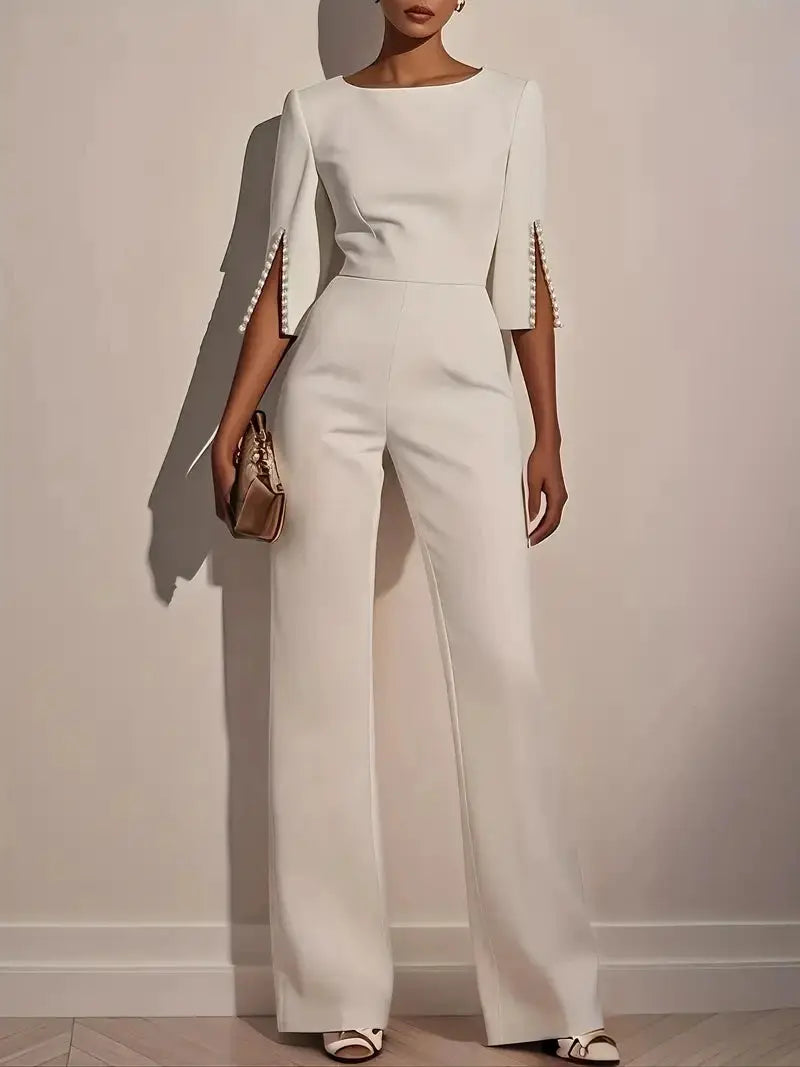 Women's Jumpsuit cream with beaded 3/4 sleeves and a high-waist, wide-leg silhouette