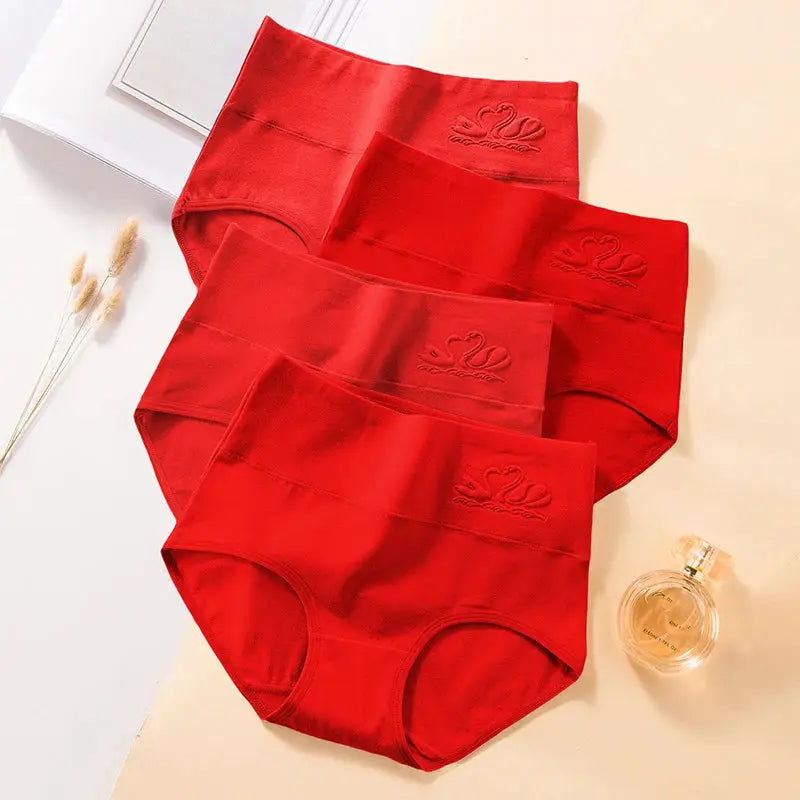 Panties 4-pack of red high-waist breathable cotton briefs with embossed logo.