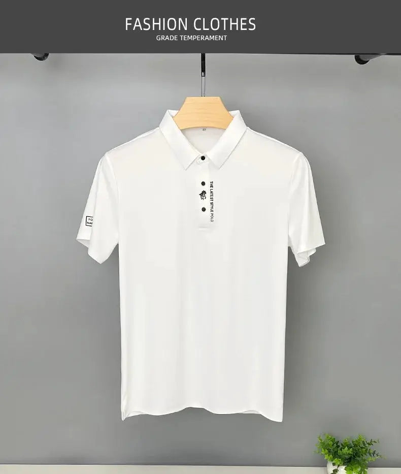 White ice-silk polo shirt, short sleeves with buttoned placket, displayed on a hanger.