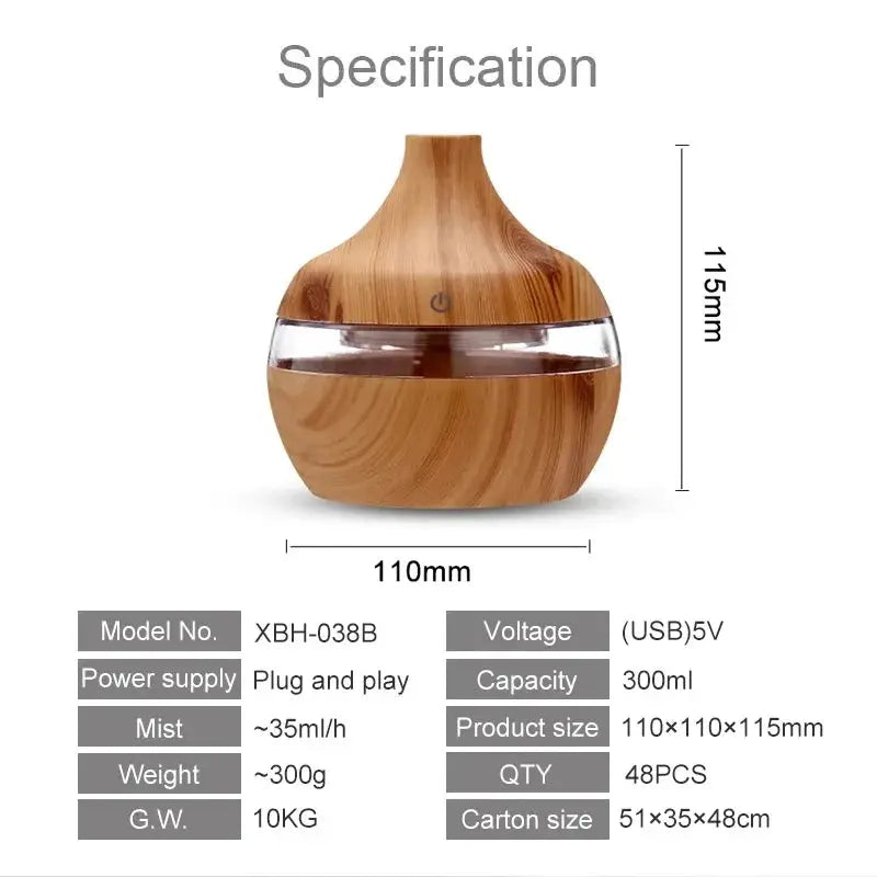 Wood Ultrasonic Humidifier Aroma Diffuser 300ml Cool Mist Essential Oil Aromatherapy For Home
