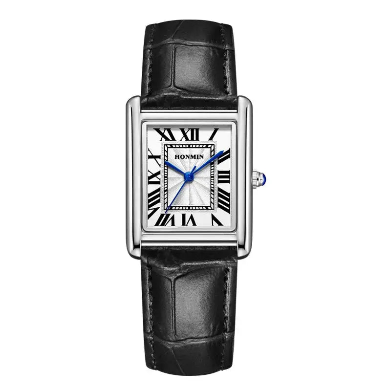 Rectangular wristwatch with black leather strap, silver case, and blue hands