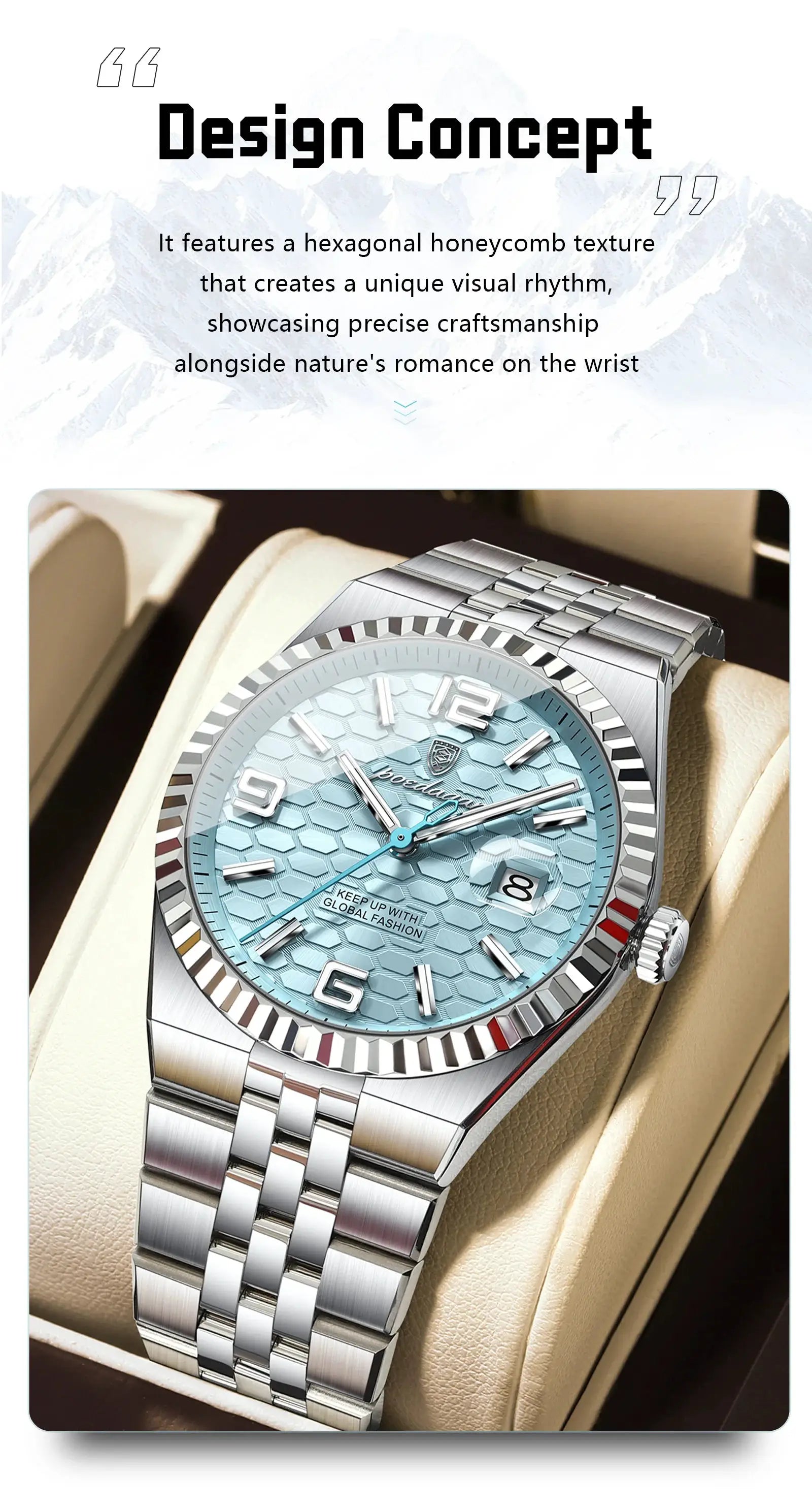 POEDAGAR men's stainless steel watch with blue honeycomb dial, date window, luminous hands