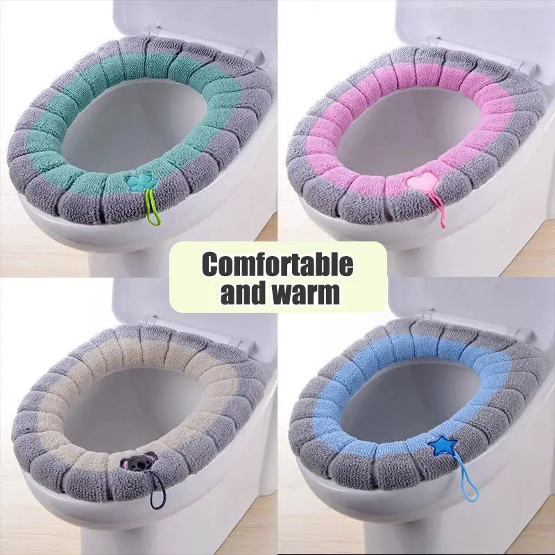 Four-pack plush toilet seat cover pads in teal, pink, beige and blue with a stretchable fit