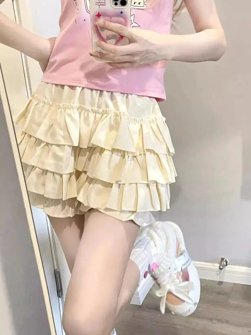 MEXZT Y2K Sweet Ruffles Mini Skirt cream tiered ruffles, high-waisted A-line