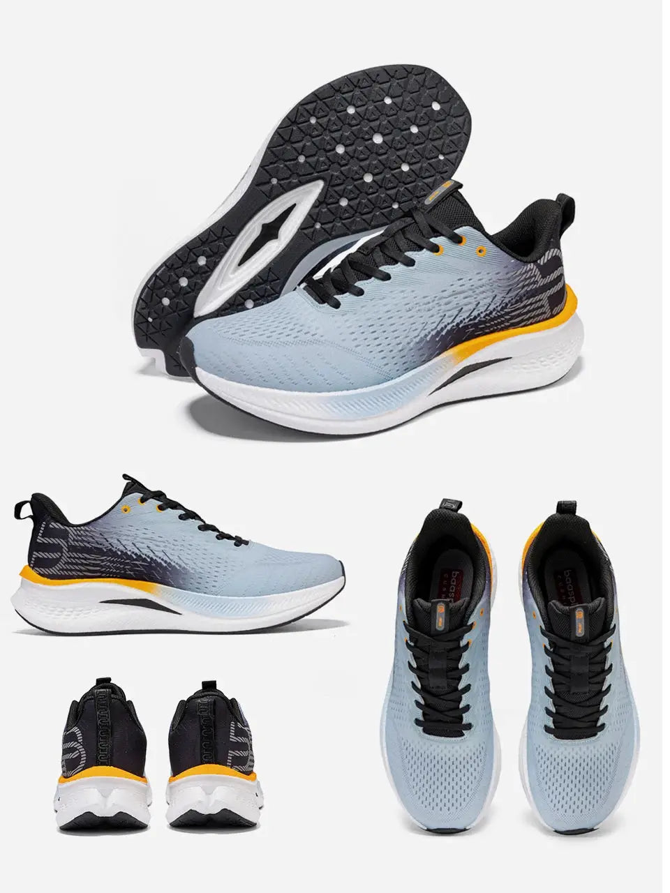 Simples Market Baasploa men running shoes with light blue breathable mesh upper, black laces, orange heel, white midsole