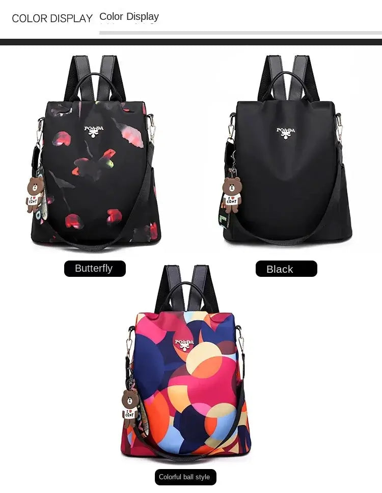 Women's Oxford cloth backpack set (3 pieces): Butterfly print, Black, Colorful ball style by Simples Market.