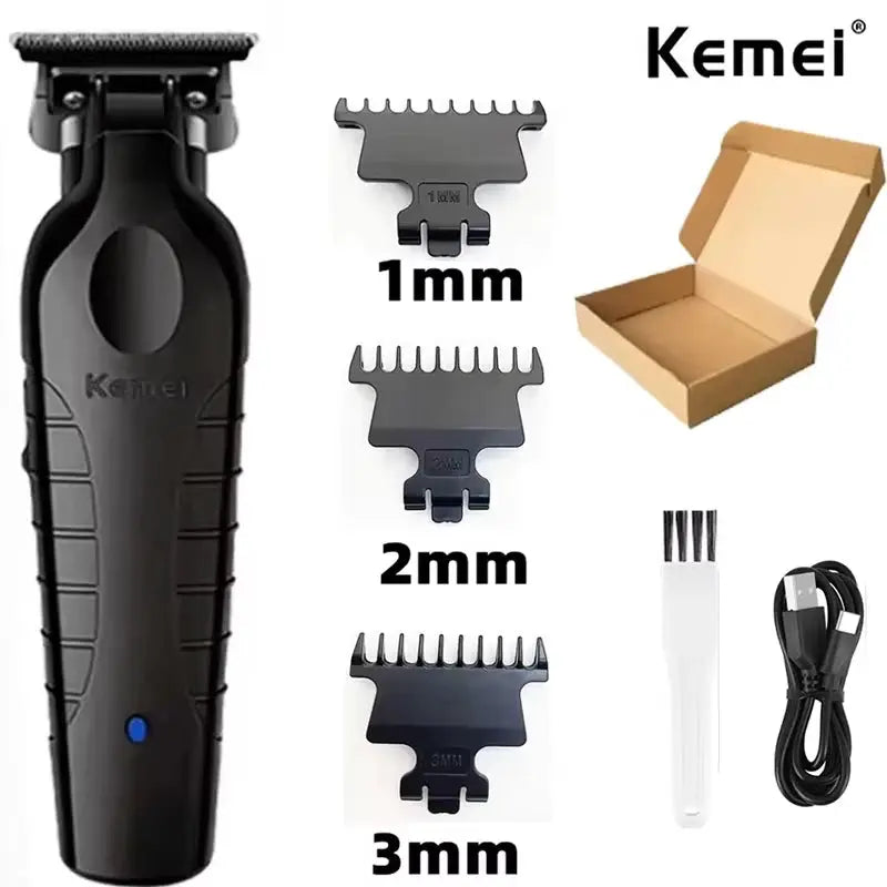 Kemei professional hair clipper kit with 1mm, 2mm, 3mm guards, USB charging cable, cleaning brush, and box