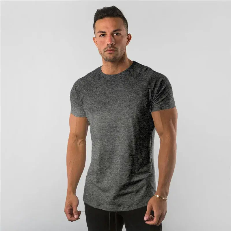 Men's heather gray cotton T-shirt, short sleeves, slim-fit gym tee for fitness by Simples Market everyday wear