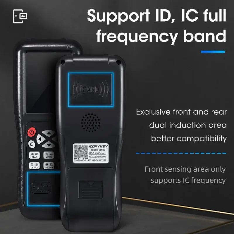 Two black NFC card reader/writer X100 handheld devices with USB programmer