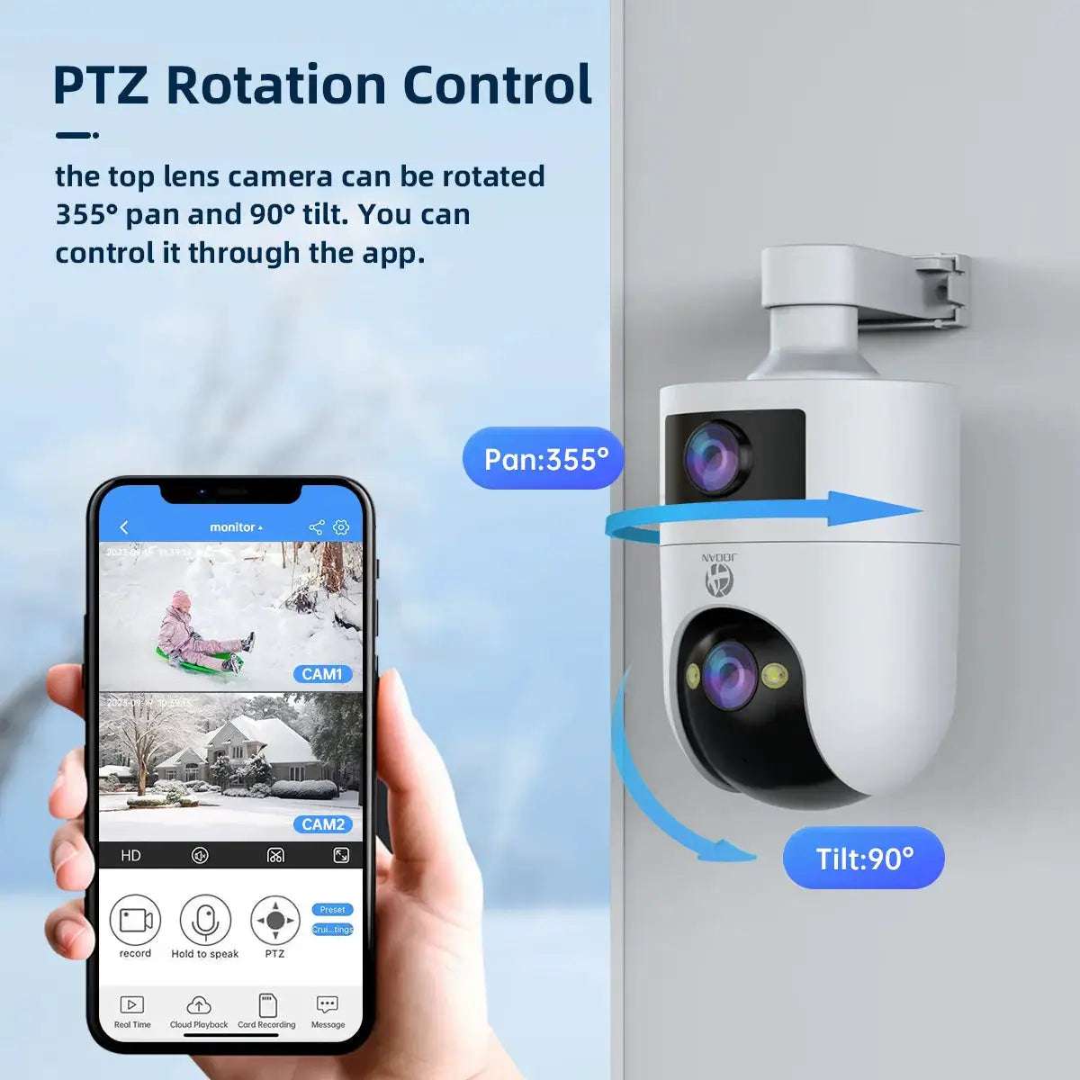 Simples Market white outdoor 4K PTZ dual-lens security camera with 355° pan and 90° tilt, app view.