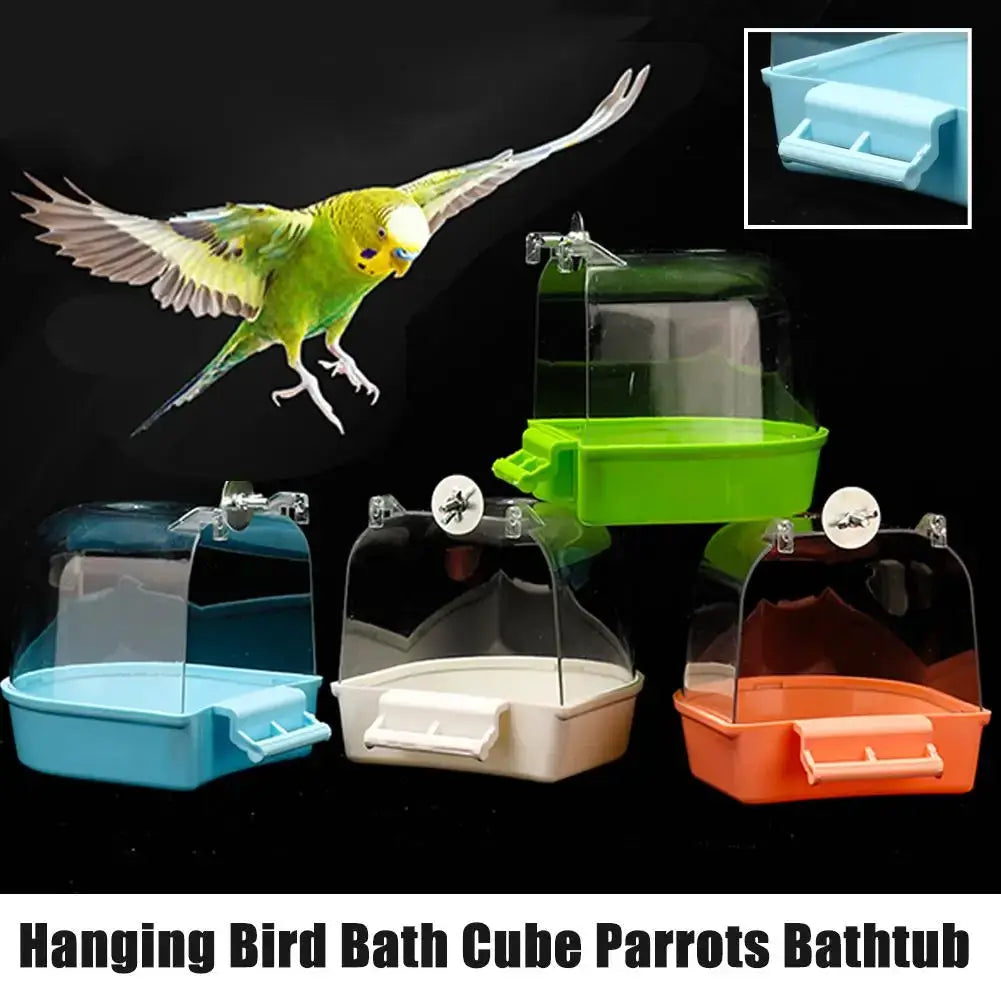 Hanging bird bath cube by Simples Market in blue, white, green and orange with clear dome for small parrots and canaries