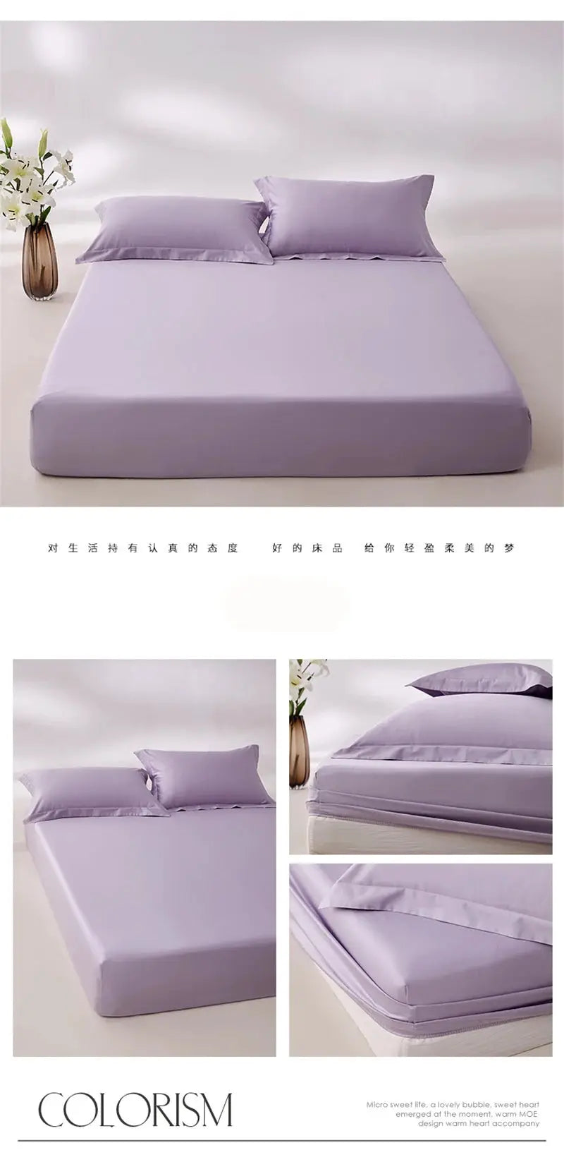Fitted sheet 100% Egyptian cotton in purple, 800 thread count with elastic corners; fits 140/160/200 cm beds.