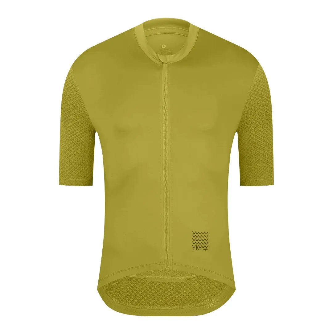 YKYWBIKE men's cycling jersey, olive-yellow short sleeve with full zipper and breathable mesh sleeves