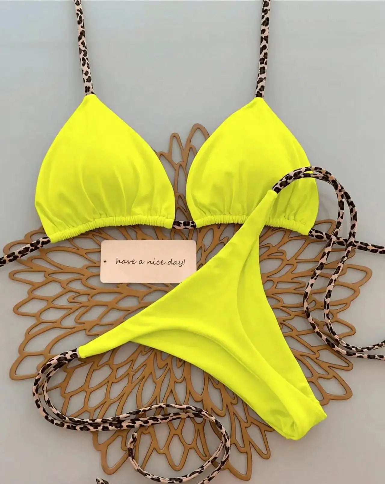 Two-piece neon yellow leopard-strap bikini by Simples Market, triangle top and thong bottom (2-piece)