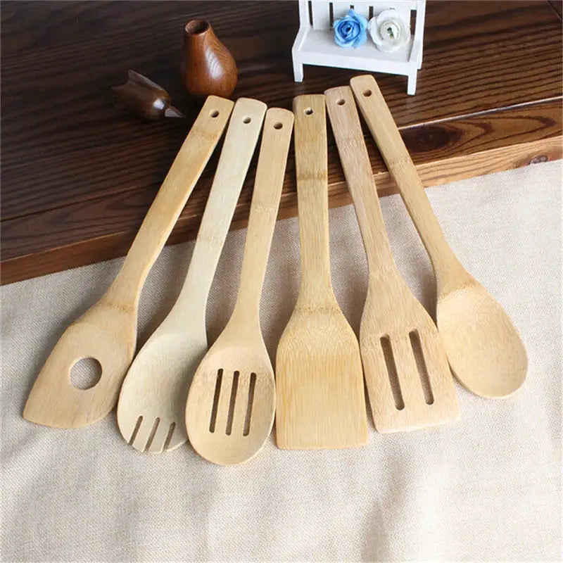 Eco Bamboo 6 Piece Kitchen Utensil Set With Spoons And Spatulas Durable Eco Friendly Cooking Tools