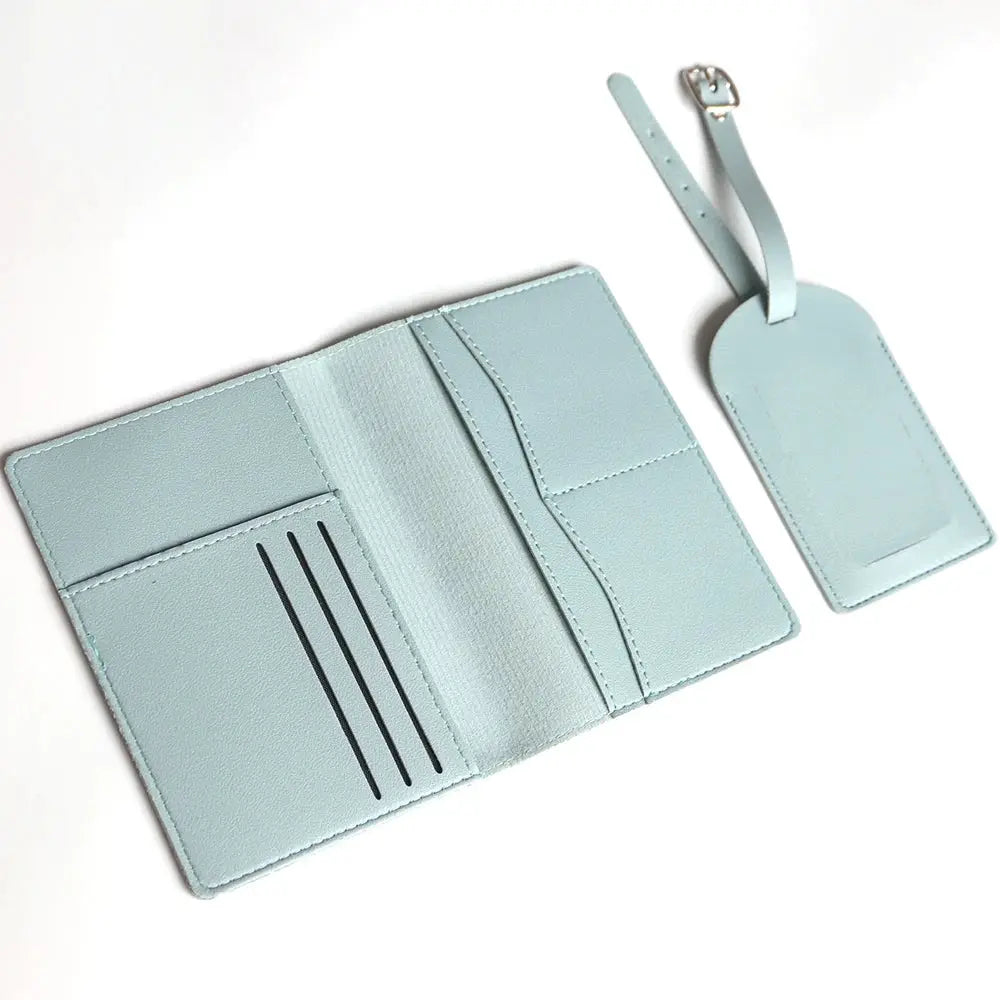 Light blue travel passport cover set with passport holder and matching luggage tag