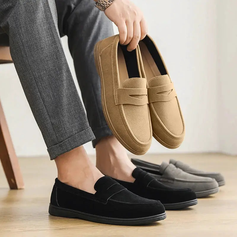 Men's slip-on loafers in tan, black and gray; lightweight, breathable casual walking shoes (3 colorways shown)
