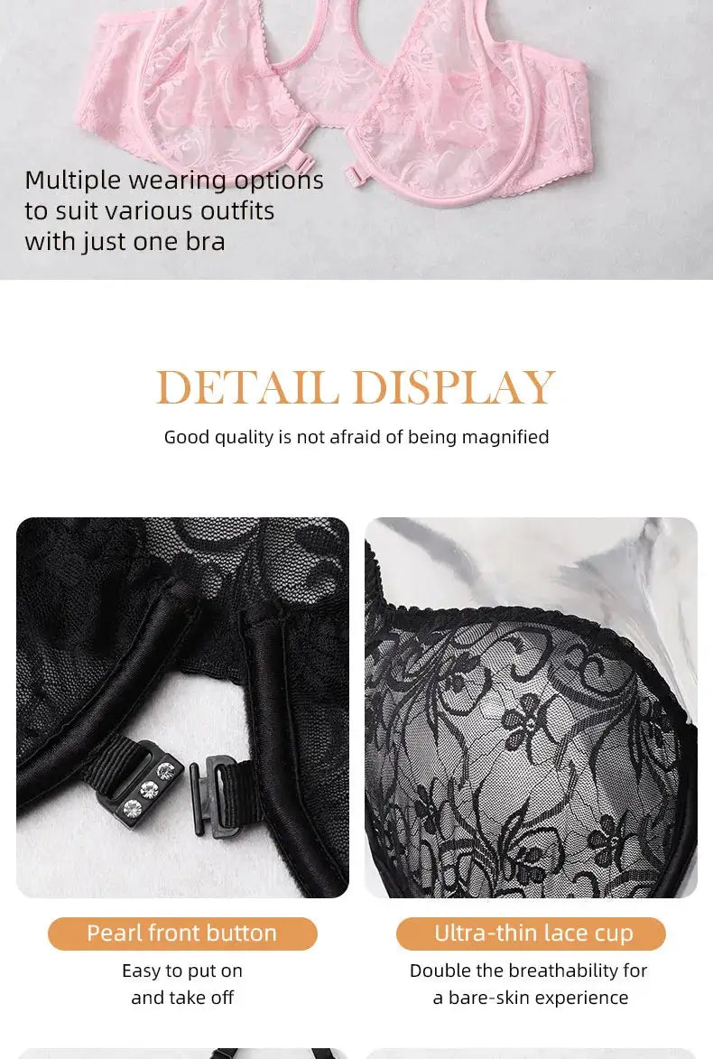 Front Button lace bra in pink sheer floral lace with pearl front button; two views show black lace cup details.