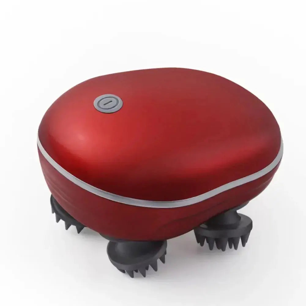 2-in-1 Electric Scalp Cleaner & Pet Massager by Simples Market, red oval device with rotating brush wheels