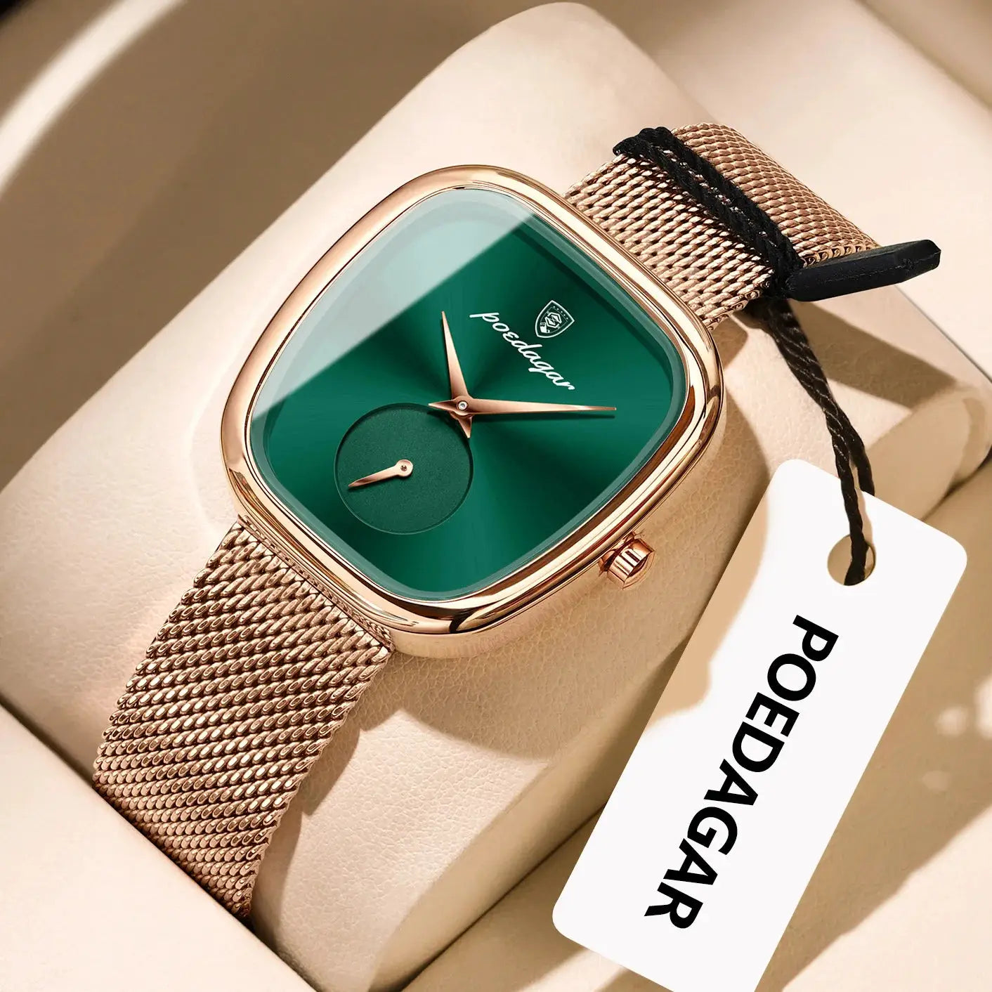 POEDAGAR women's luxury watch with green dial and rose-gold mesh band