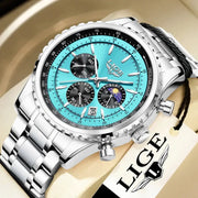 LIGE men's stainless steel chronograph watch with turquoise dial, multiple subdials, and date window.