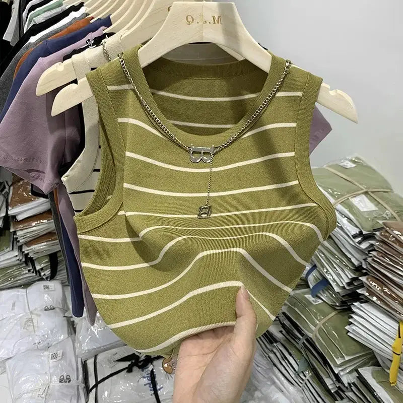 AOSSVIAO 2026 Summer Knit Vest For Women Striped Slim Fit Sleeveless Waistcoat With Turtleneck Collar
