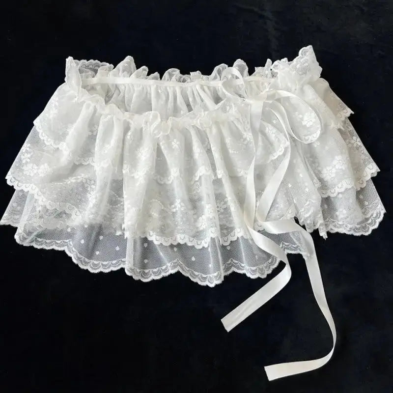 Girls' white lace layered gauze skirt with ruffle trim and satin waist ribbon, Simples Market