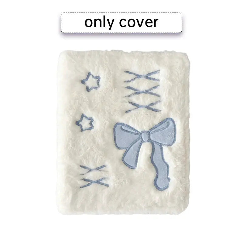 Bow Korea plush A6 binder photocard holder cover, white plush with blue bow and star accents