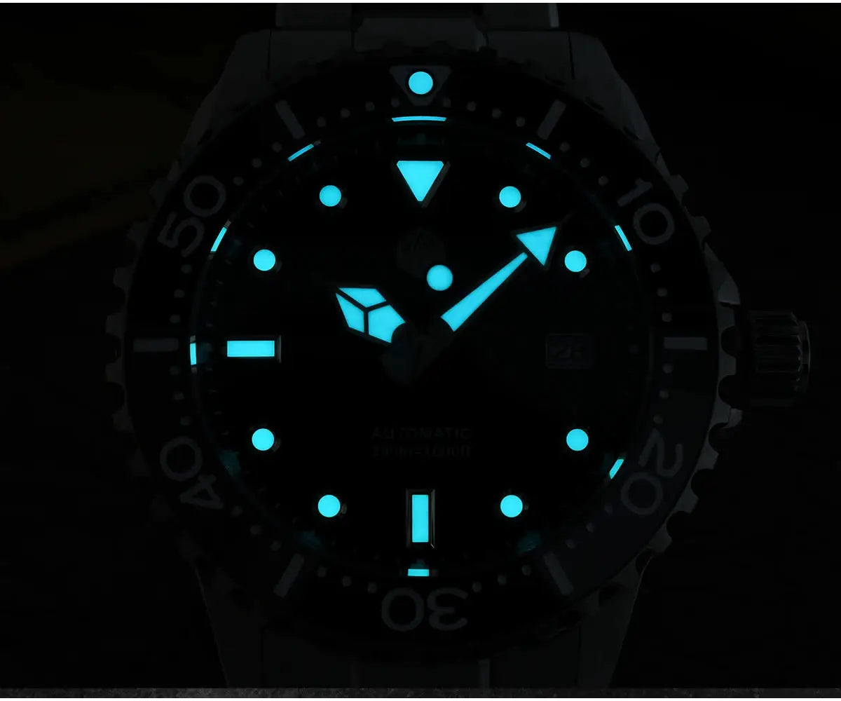 San Martin diver watch, 40–44mm, automatic NH35 with teal luminescent markers and sapphire crystal.