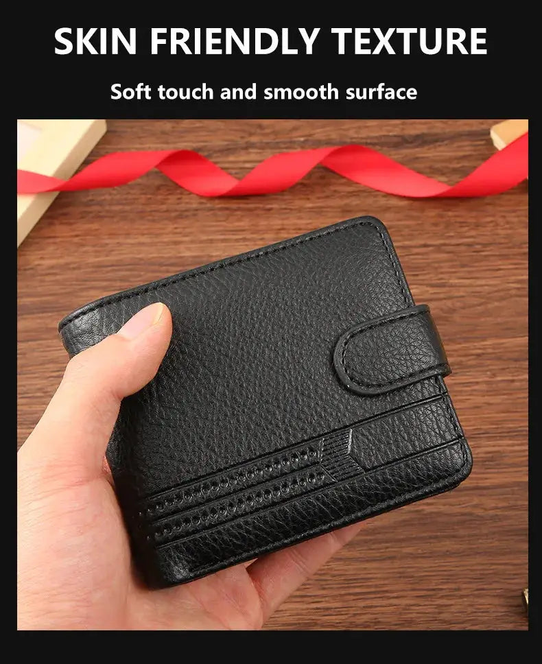 Simples Market men's slim black leather bifold wallet with card slots and strap closure