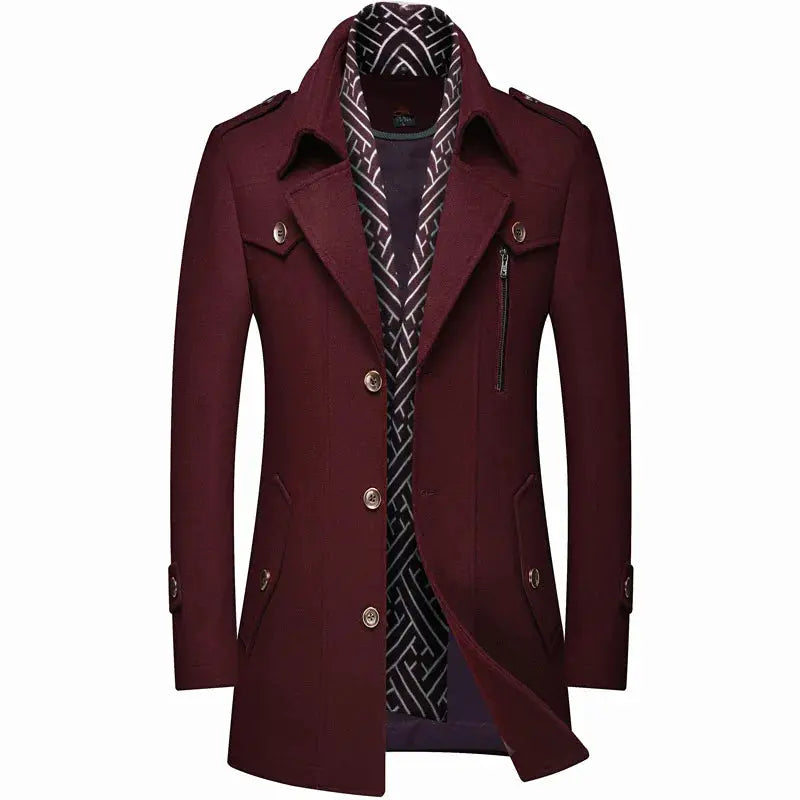 Men's burgundy wool coat, mid-length with scarf collar, button-front and zip chest pocket, warm lining
